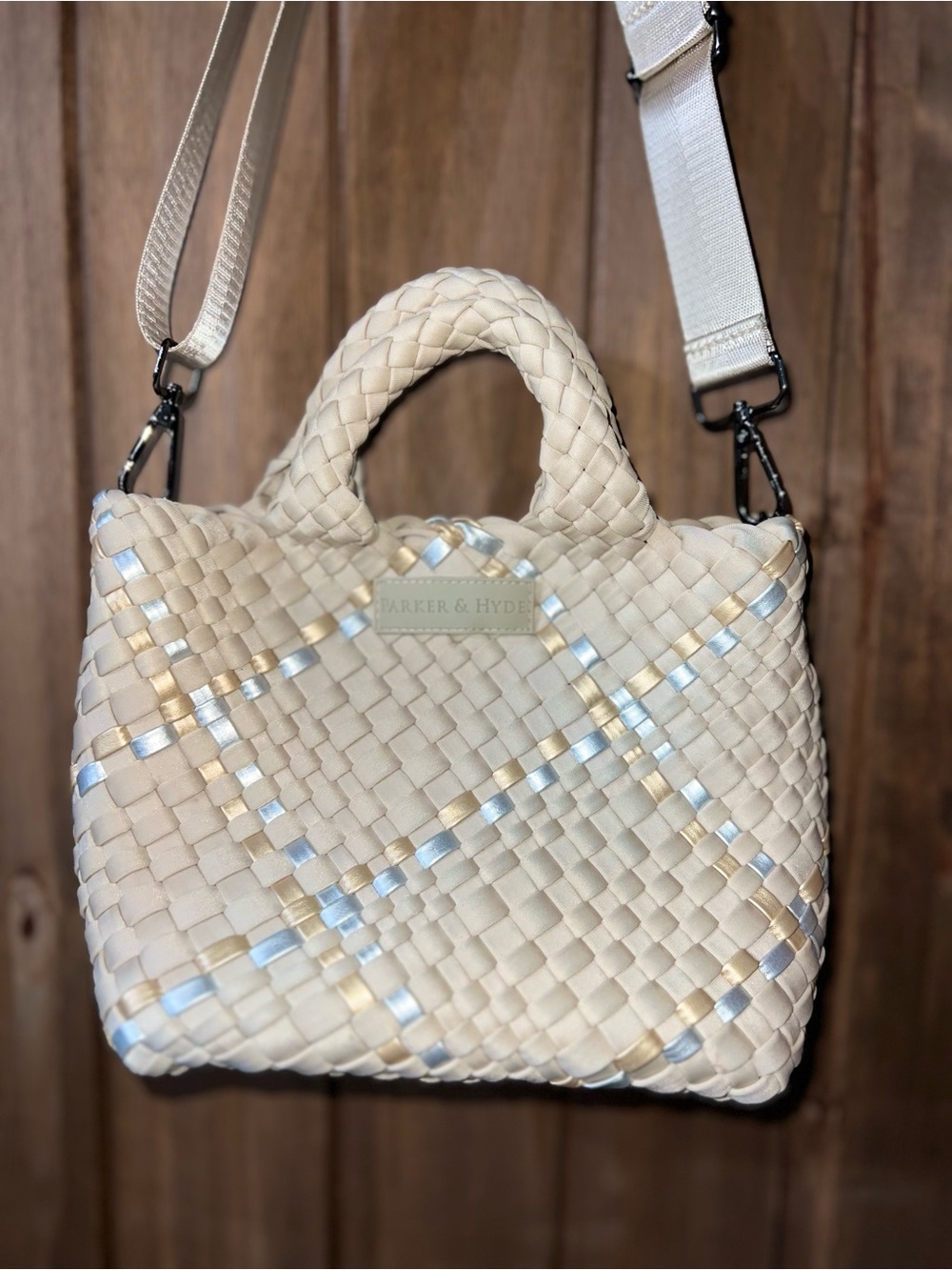Parker & Hyde Cream Woven Satchel with Adjustable Strap